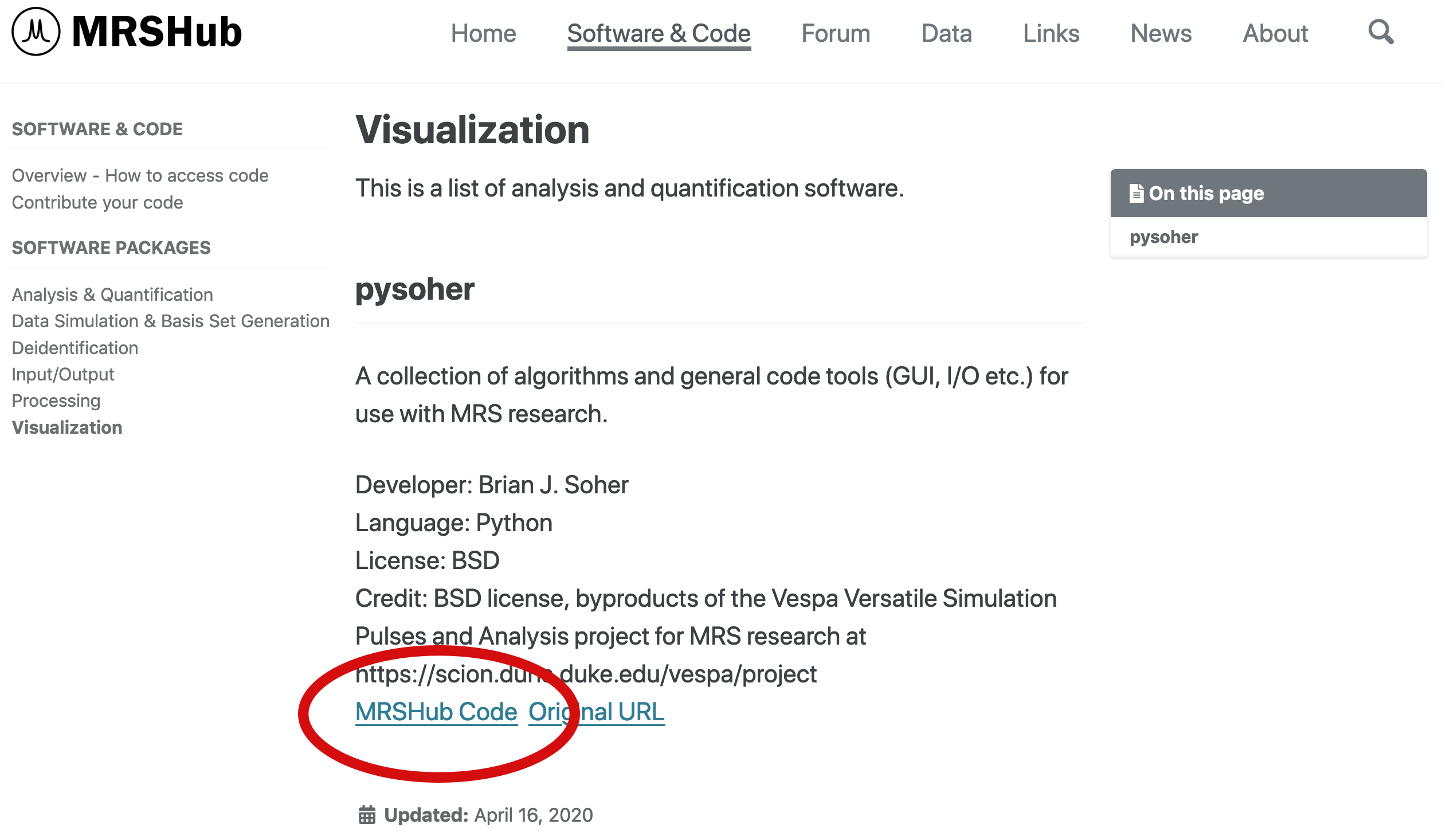 MRSHub Code links take you to a GitHub repository